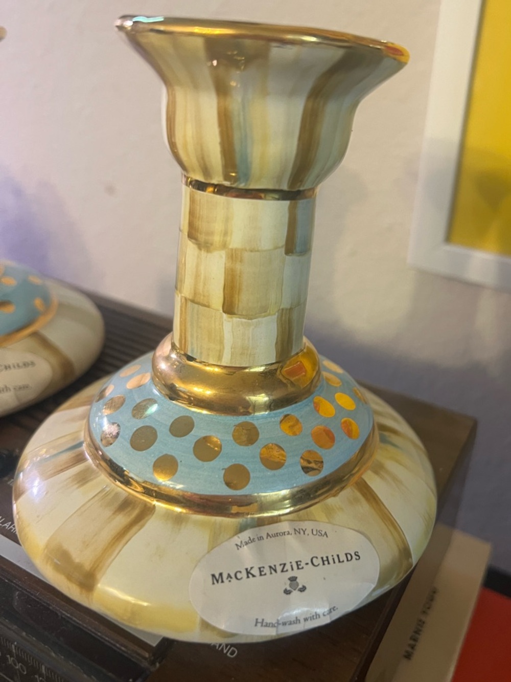 MacKenzie-Childs Parchment Check Candlestick Pair - Picture 3 of 7